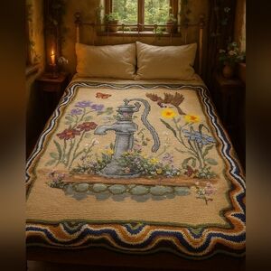 Huge Hand Knit Cross Stitch Blanket Butterfly Bird Flowers Afghan Quilt